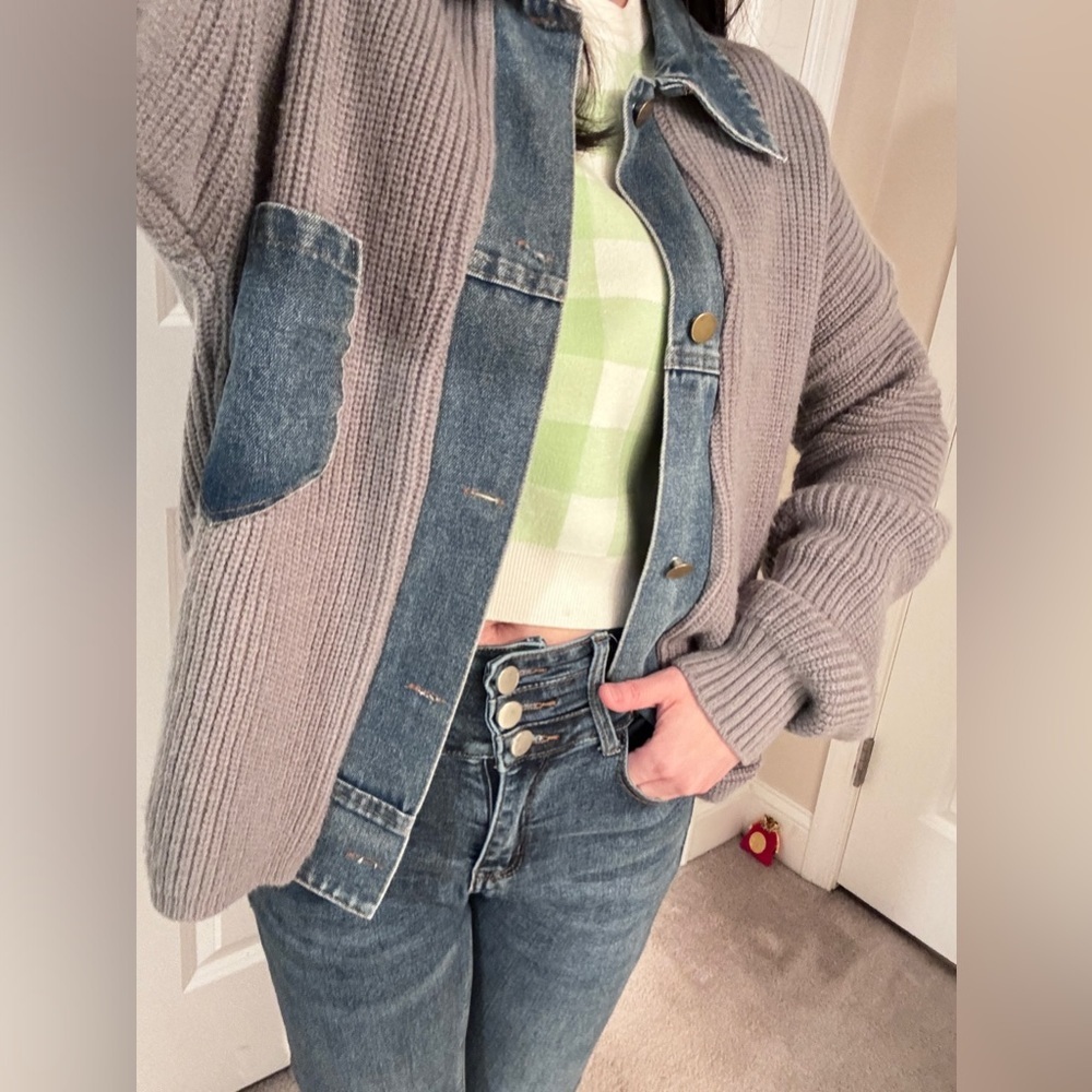 SALE! Chic Upcycled Denim-Collar Cardigan - Picture 2 of 4